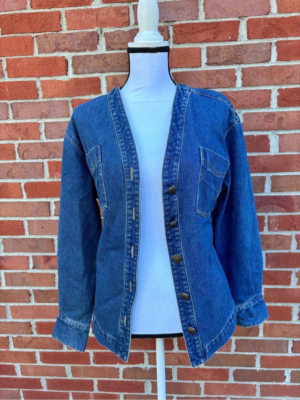 Commense Dark Wash Denim V Neck Button-Front Belted Jacket Pockets Womens XS
